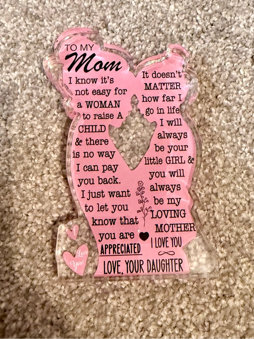 “To My Mom, From Daughter” Pink Acrylic Keepsake Plaque Mother Gift Decor